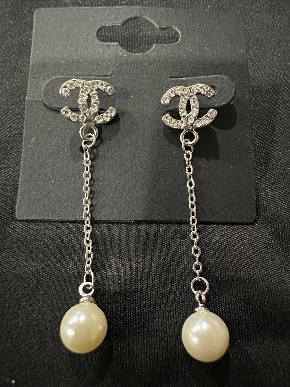 Crystal Logo Drop Earrings with Cream Pearl Dangle - Silver
